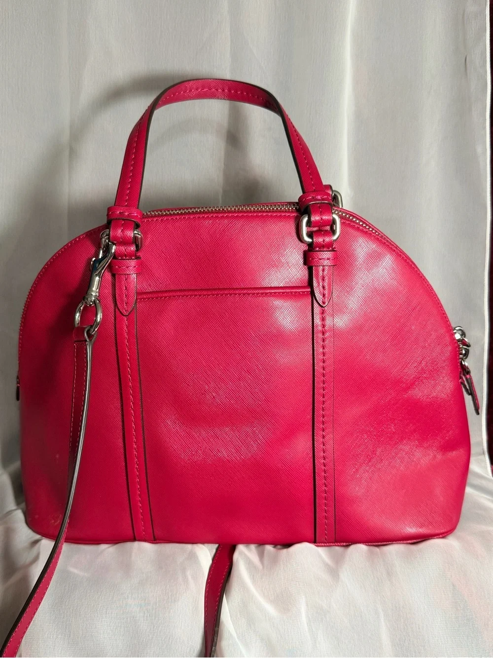 Coach Hot Pink Saffiano Leather Dome Satchel with Yellow Tag